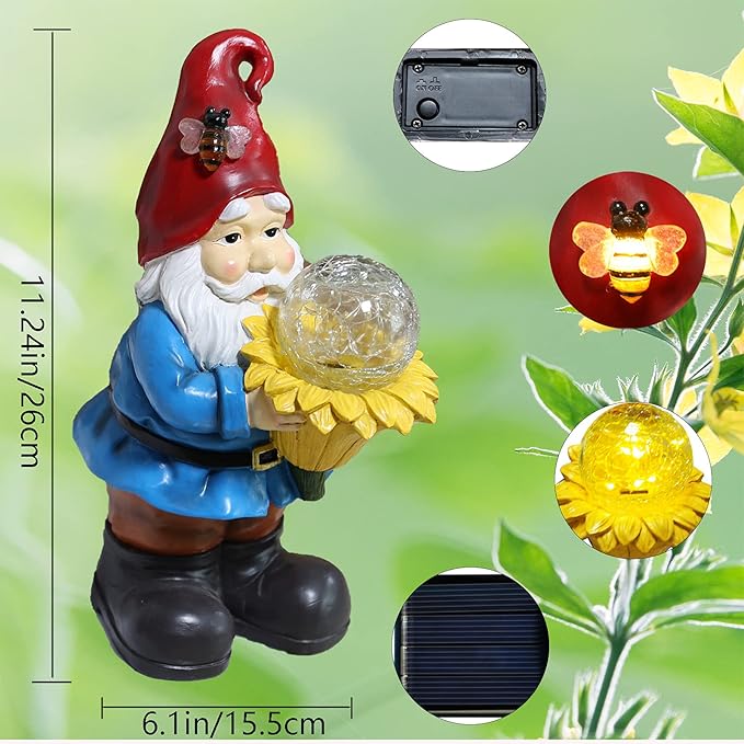 Solar Gnome Waterproof - Large Garden Gnome Funny Solar Outdoor LED Lights Resin Statues Lantern Figurines Xmas Decorations Birthday Housewarming Gifts for Mom Women (Sunflower Gnome(Warm White))