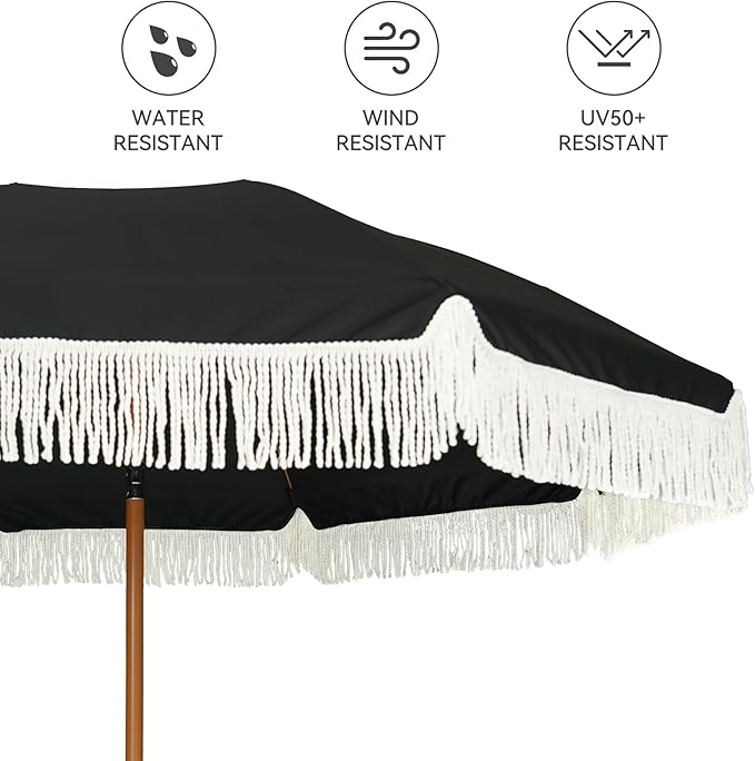 AMMSUN 7ft Patio Umbrella with Fringe Outdoor Tassel Umbrella UPF50+ Premium Steel Pole and Steel Ribs Push Button Tilt, Black