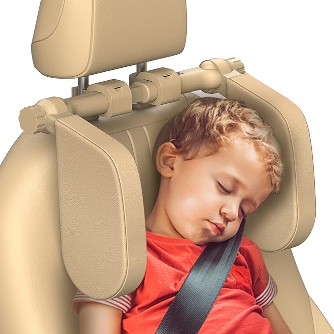 Yoocaa Adjustable Car Headrest Pillow, Road Pal Headrest, U-Shaped Travel Sleeping Pillow for Kids & Adults, Head Neck Support Only Suitable for Car Seat Headrest with Poles, Khaki