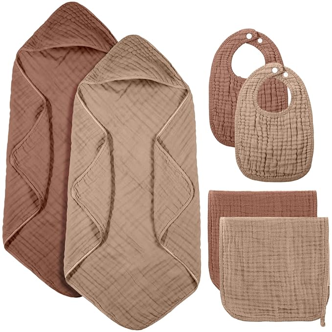 Hahafelt 6 Pcs Muslin Hooded Bath Towels Washcloths and Bibs Set, Muslin Cotton Baby Towels Absorbent Hooded Blanket Towel Infant Bibs for Boys Girls Newborn Infant Essential(Dark Brown, Khaki)