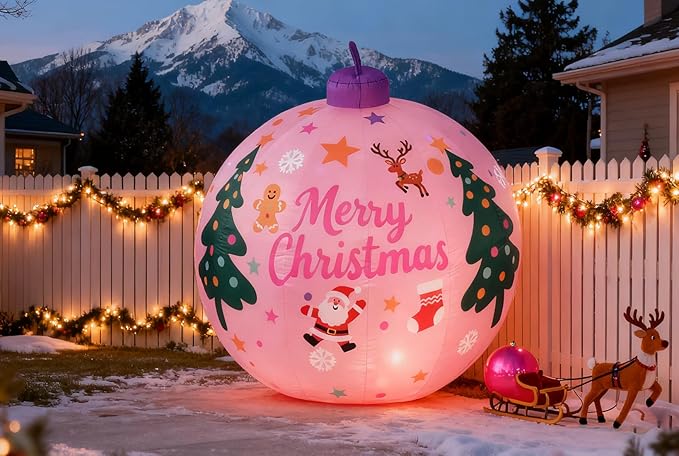 LANGXUN 8ft Pink Christmas Ball Inflatable Outdoor Indoor Decor, Giant Blow Up IP44 Weatherproof Xmas Decorations for Yard, Built-in 7-Color LED Rotating Light for Gardern Lawn Winter Holiday