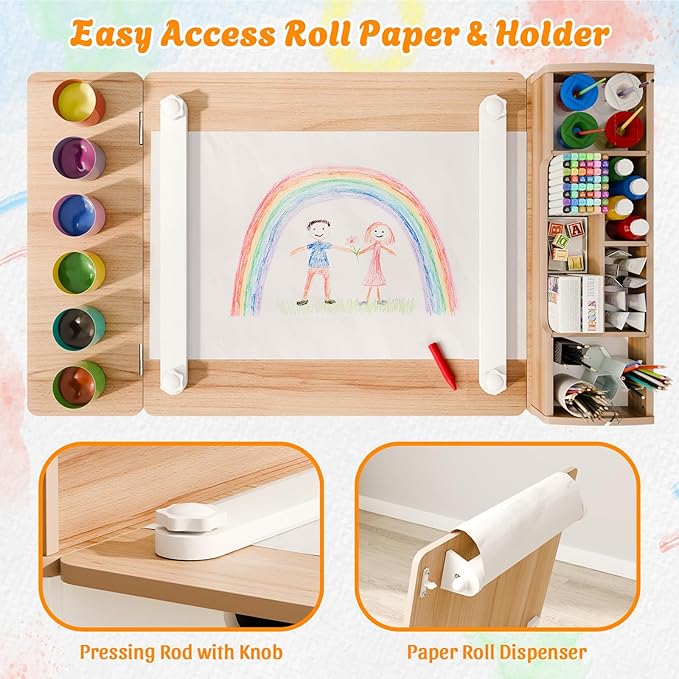Kids Art Table and Chair - Toddler Craft Table and Chairs Set with 2 Chair & Bins, Kids Activity Desk with Paper Roll for Playrooms & Classroom, 44" L x 24" W, Natural