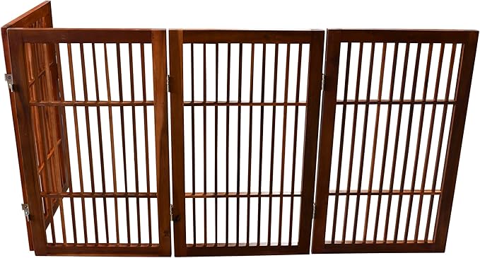 Pet Dog Gate Strong and Durable Freestanding Folding Acacia Hardwood Portable Wooden Fence Indoors or Outdoors by Urnporium (Brown Pet Gate, 4 Panel 30" Tall)