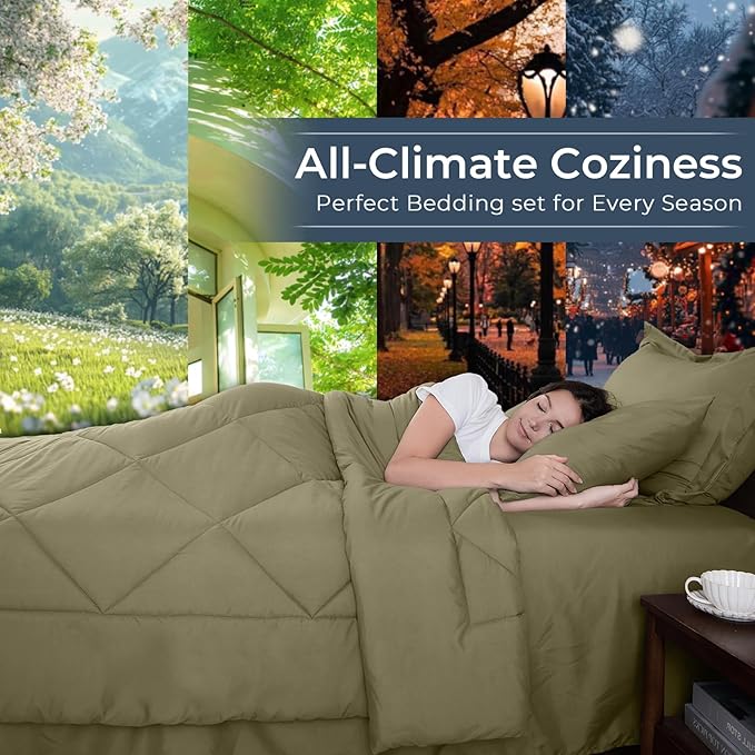 HEVUMYI Olive Green Queen Comforter Set - 7-Piece All Season Bed in a Bag Queen, Ultra Soft Bedding Set with Comforter, Flat Sheet, Fitted Sheet, Pillowcases, Pillow Shams, Olive Green