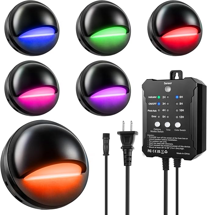 RGB Low Voltage LED Deck Lights Kit with Transformer Timer and Photocell Sensor, IP67 Waterproof Low Voltage Landscape Lighting, Step Lights for Outdoor Walkway Stair Post Railing (6 Pack)