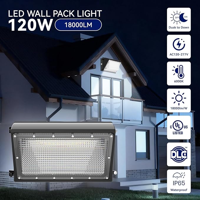 LED Wall Pack Light 120W, 18000LM 5000K Daylight, Outdoor Lighting with Dusk-to-Dawn Photocell, LED Wall Pack for Parking Lot, Warehouse, Yard, ETL Listed (120W - 4PACK)