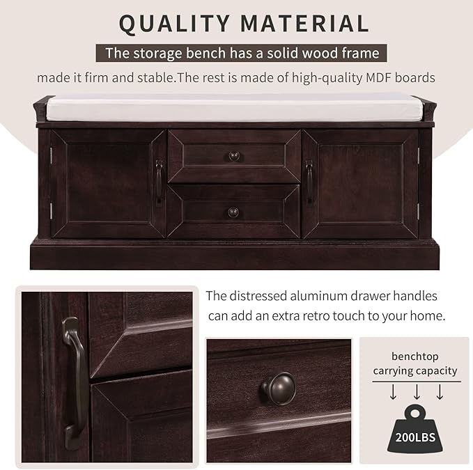 Entryway Storage Bench with Drawers & Cabinets — Cushioned Shoe Storage Bench for Hallway, Mudroom, or Living Room, Solid Wood Frame (Espresso)