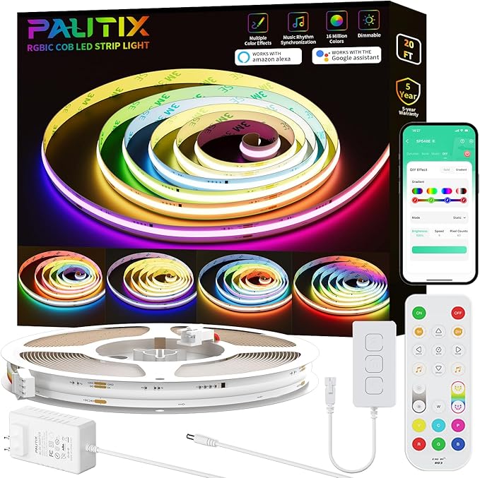 PAUTIX RGB Smart IC COB LED Strip Lights,Work with Alexa/Google Assistant,20ft/6.1m Addressable UL-Listed 24V Chasing Color Flexible Tape Light Multicolor,for Cabinet,TV,Bedroom,Party DIY Decoration