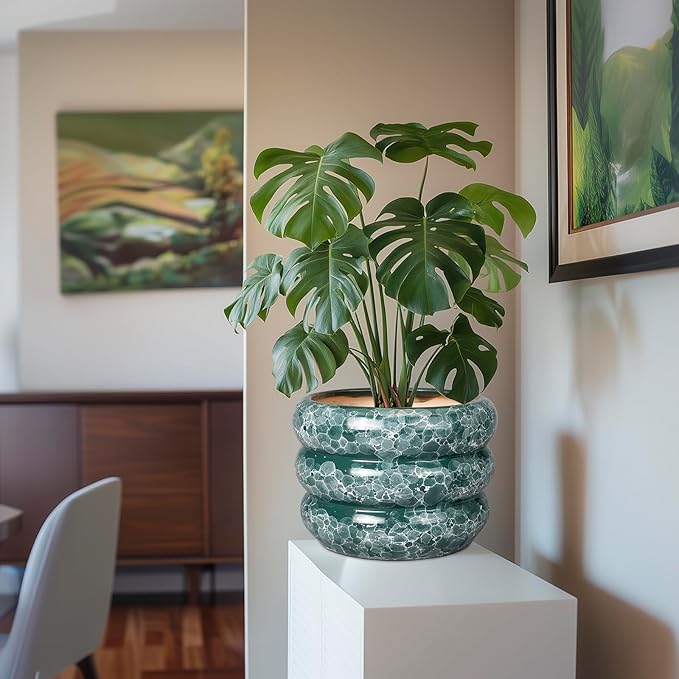 SQOWL Ceramic Planter for Indoor Plants - 10 Inch Plant Pot Indoor with Drainage Hole Large Pot for Plants Outdoor Flower Pot for Patio Decorations Outdoor Green