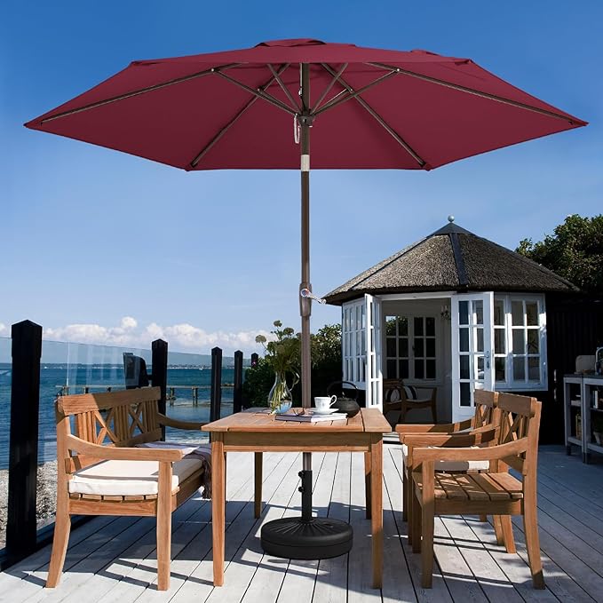 JEAREY 7.5FT Patio Umbrella Market Table Umbrella with 6 Sturdy Ribs, Push Button Tilt/Crank Outdoor Umbrella for Garden, Deck, Backyard, Pool and Beach,Burgundy