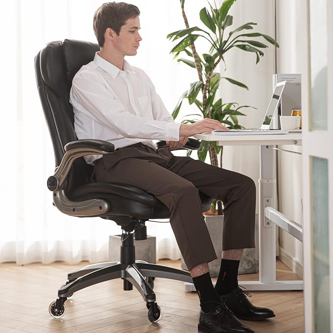 Executive Office Chair-Ergonomic Computer Desk Chair, High Back Leather Chair with Padded Flip-up Arms, Swivel Home Office Chair Upgraded Caster-Black