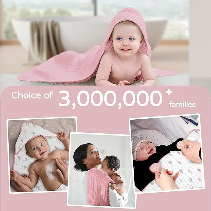 Yoofoss Hooded Baby Towels for Newborn 2 Pack 100% Muslin Organic Cotton Baby Bath Towel with Hood for Babies, Infant, Toddler and Kids, 32x32Inch, Soft and Absorbent Newborn Essential,Pink&Wh Leaf