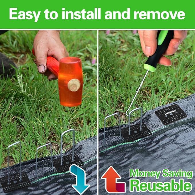 Bakulyor 50 Pcs Landscape Staples + 50 Pcs Gasket, 6 Inch Garden Stakes Staples 11 Gauge U Shaped Galvanized Lawn Landscape Pins, Heavy Duty Yard Ground Pin for Weed Barrier Sod Fabric Decorations