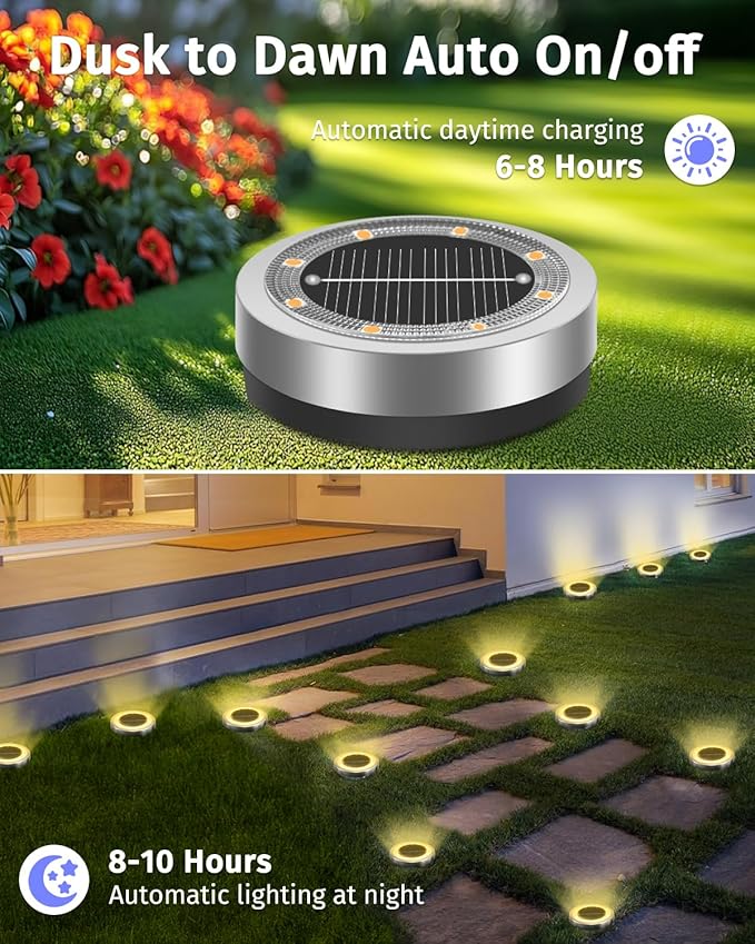 Mini Solar Ground Lights Outdoor 24 Pack Waterproof Upgraded Anti-Rust Solar Flat Garden Lights Stainless Steel Solor Powered Disc Landscape Light for Pathway Walkway Yard Lawn Patio-Warm White