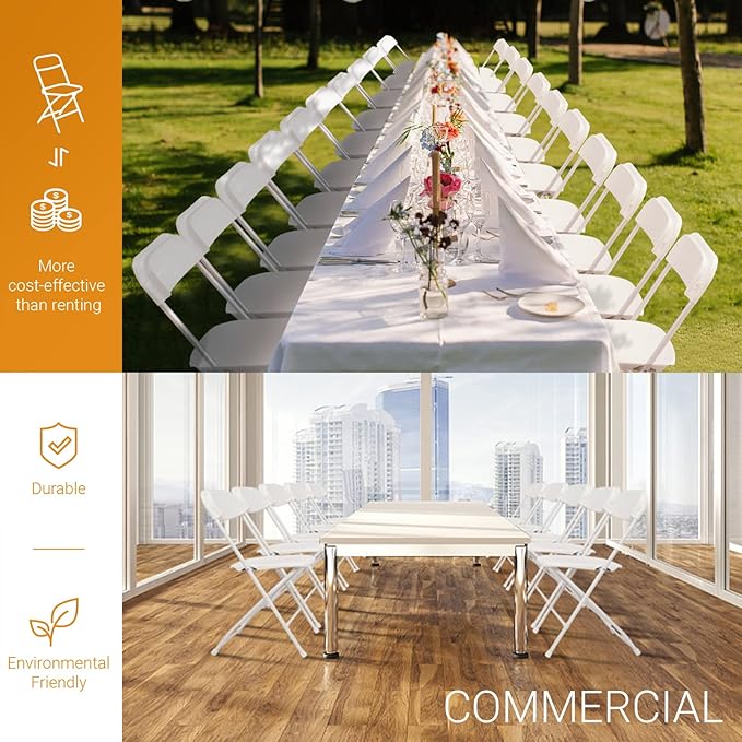 VINGLI 5 Pack White Plastic Folding Chair, Indoor Outdoor Portable Stackable Commercial Seat with Steel Frame 350lb. Capacity for Events Office Wedding Party Picnic Kitchen Dining