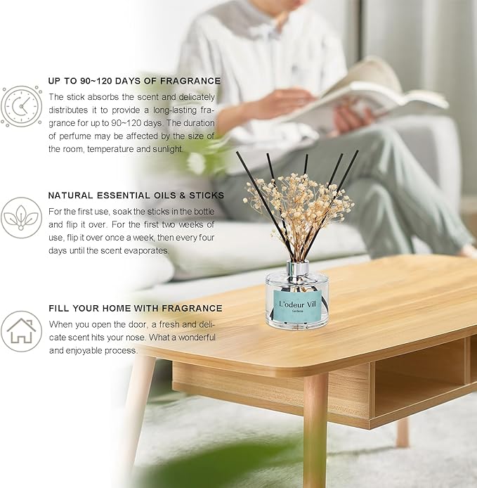 L'odeur Vill Reed Diffuser Set, 6.7 oz(200ml) Gardenia Scented Diffuser with 6 Oil Diffuser Sticks, Home Fragrance Essential Oil Reed Diffuser for Home Large Rooms Bathroom Shelf Decor