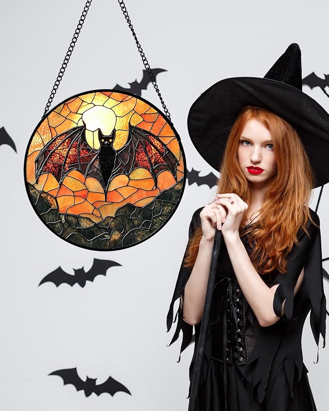 Stained Glass Window Hanging, Black Bat Sun Catcher for Door Home Decor Animal Suncatcher Christmas Mother's Day Birthday Gifts for Women Men Mom and Nana 9.8 in