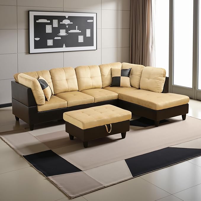 Couches for Living Room Modern L Shaped Couch Comfy Lint Fabric 3 Pieces Sectional Sofa with Chaise, Ottoman with Storage for Office and Small Apartment, Beige and Brown