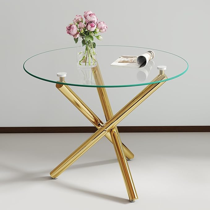 36" Round Glass Dining Room Table for 4 with Tempered Glass Top and Gold Chrome Metal Tube Legs, Modern Clear Kitchen and Dinner Table for Home Office Dining Room