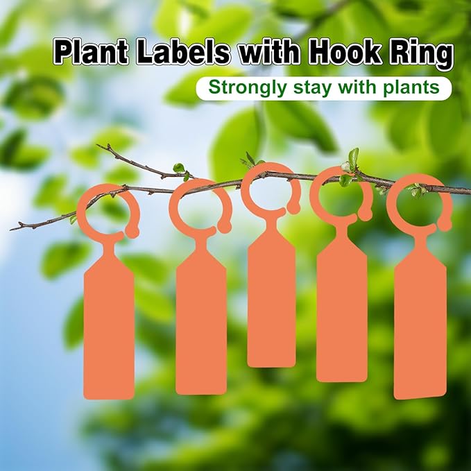 Plant Labels Yuanling 100Pcs Plastic Waterproof Plant Tree Tags Nursery Garden Markers for Indoor Outdoor Gardening Plants Vegetables Flowers Potted (Orange Color with 1 Marker Pen)