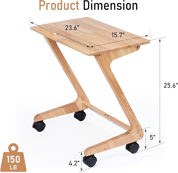 TV Tray Table, TV Dining Table with Casters for Small Spaces, Solid Wood End Table, Sofa Couch Side Table Removable Snack Tray for Coffee Bed Sofa Eating Writing Reading Living Room Bedroom