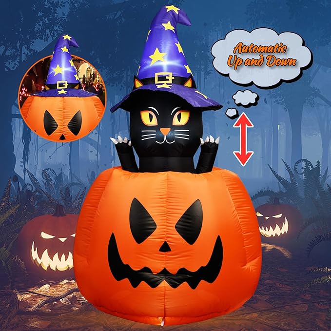 5.3 FT Halloween Inflatable Animated Witch Cat in Pumpkin, Blow Up Yard Decorations with Build-in LEDs Lighted Decor for Holiday Party Outdoor Indoor Lawn Garden
