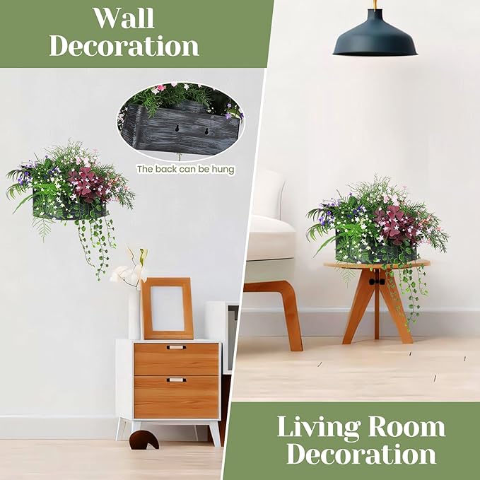 6 in 1 Artificial Plants & Flowers, Potted Fake Asparagus Oxalis BabyBreath Grass Plant for Home Decor Indoor Outdoor, Office Greenery Tabletop Centerpieces