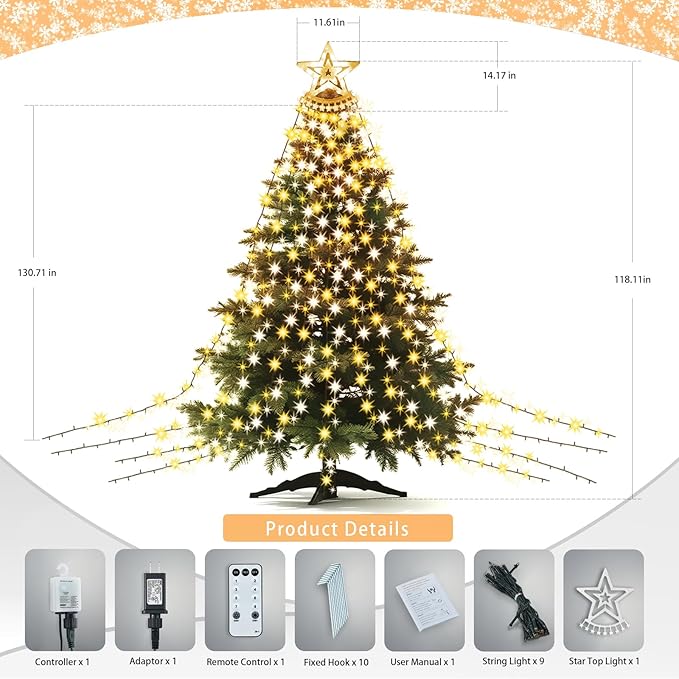 Star String Lights, 350 LED Tree Waterfall Fairy Lights, Outdoor Waterproof Christmas Decoration Lights with Remote, 16FT X 9 Hanging LED Lamp for Garden Yard Wedding Birthday Festival, Warm Yellow