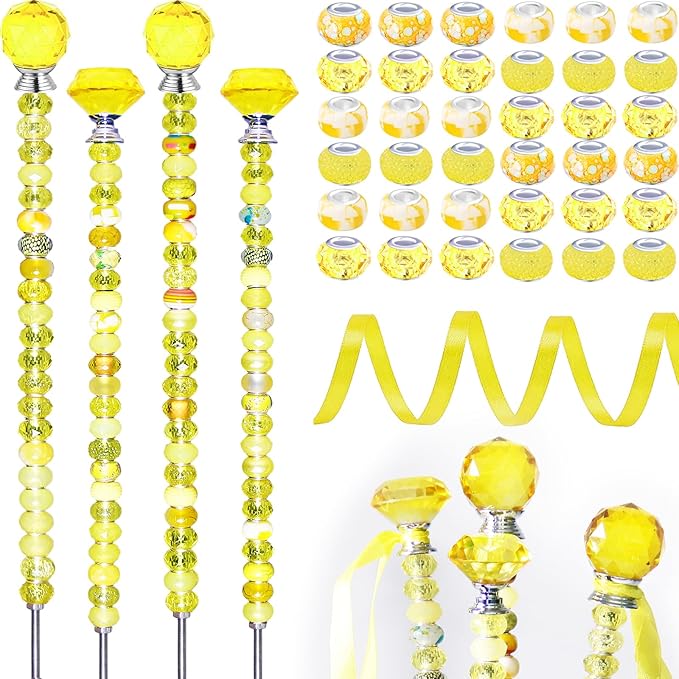 119 Pcs Garden Stake DIY Fairy Wand Plant Stake with Yellow Large Hole Beads Crystal Diamond Stopper Top 4 Stainless Steel Threaded Rod Beaded Garden Stakes for Outdoor Indoor Yard Patio Decorations