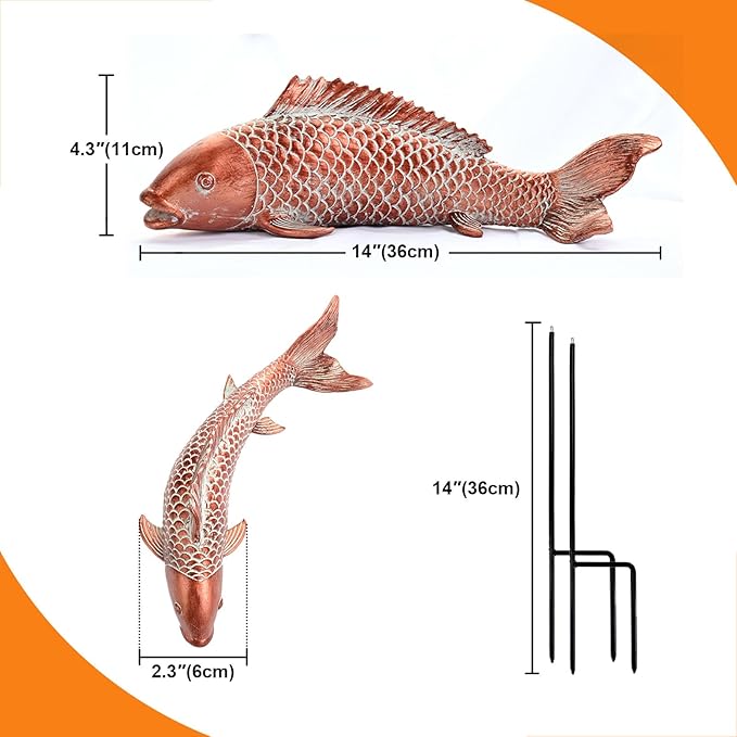 Garden Statues Koi Fish Decor Outdoor Garden Fish Statues, Set of 2 Antique Copper Koi Art Sculptures for Patio, Backyard, Pond and Home Decor, Best Gardening Gifts for Women Mom