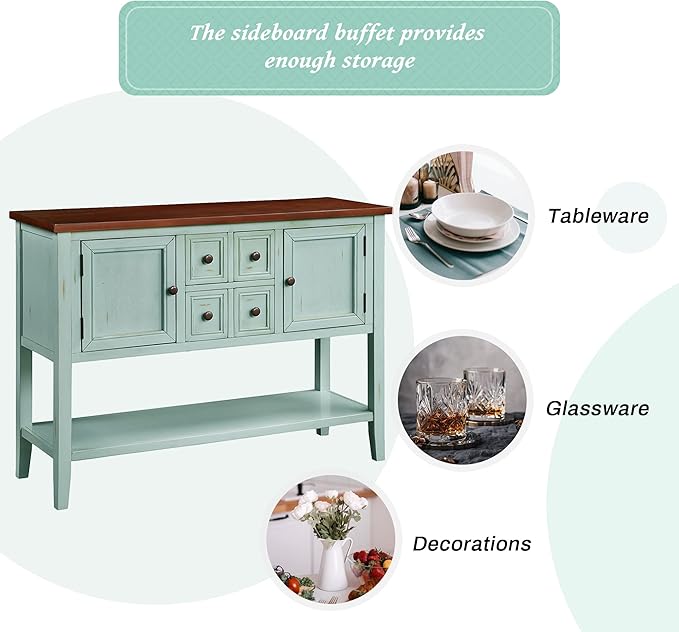 Merax Wood Farmhouse Buffet Sideboard Table with Drawers and Bottom Shelf Console Table for Living Room Dinning Room Kitchen (Retro Blue)