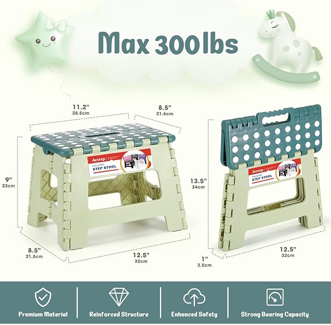 ACSTEP 9 Inch Folding Step Stool 300 LB Capacity Plastic Foldable Step Stools for Kids and Adults, Folding Stool Suitable for Kitchen, Stepping Stool with Handle Bicolor Green Small Step Stool 1PC