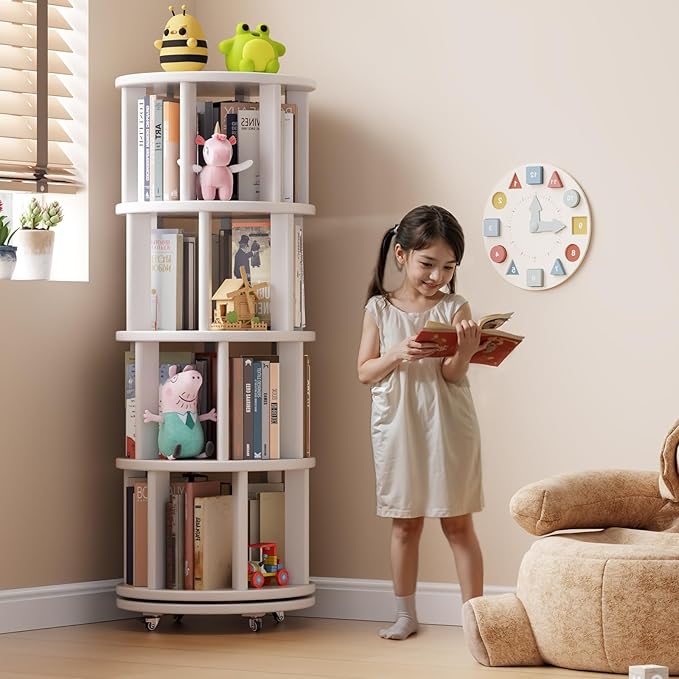 Solid Wood Rotating Bookshelf on Wheels, 4 Tier, Round Revolving Bookcase, 360° Spinning Book Shelf Tower for Kids, Narrow Rolling Bookshelves for Small Space, Corner, Bedroom, Office, White