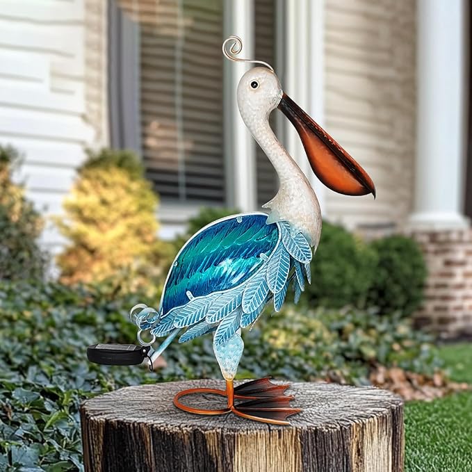 HONGLAND Solar Metal Pelican Statues Garden Sculpture & Statues, 19 Inch Glass Outdoor Pelican Yard Art Coastal Ocean Bird Decor Lawn Ornament for Backyard Porch Patio Decor（Blue）