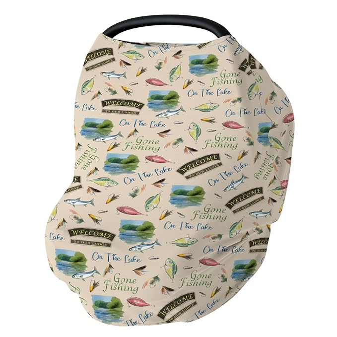 Fishing Baby Car Seats Covers Lake Gone Fishing Stretchy 5-in-1 Cover Adjustable Infant Carseat Canopy Cover Outdoor Hunting Camping Breathable Nursing Cover-Up