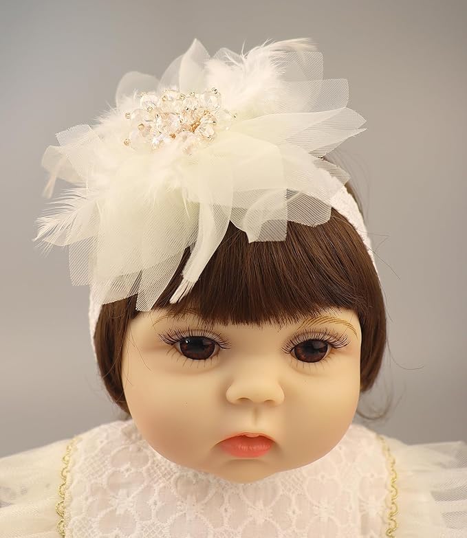 Bethynas Baby Girls Lace Feather Headband Beads Gauze Flower Elastic Toddler Hairband Birthday Party Princess Hair Accessories for Newborn Infant (White)