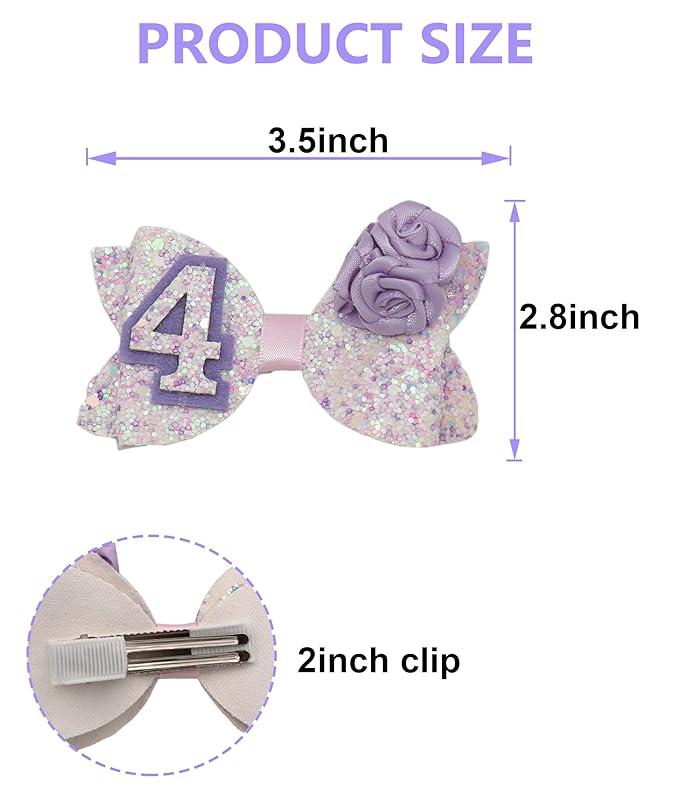 Birthday Hair Bow for Baby Girls 1 2 3 4 5 6 Years Sprinkle Decorations Party Hair Accessories for Four 4th Birthday Purple Rose