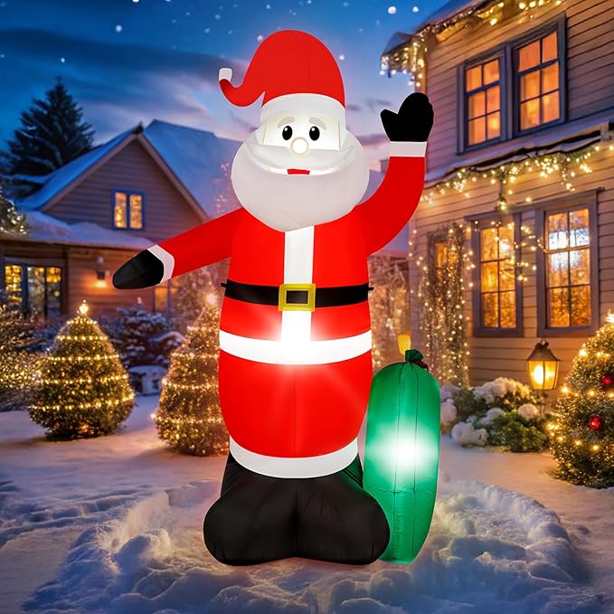 8FT Christmas Inflatable Santa Claus with Waving Hand & Built-in LED Lights, Outdoor Blow Up Santa Yard Decoration for Holiday Party, Garden, Lawn, Indoor Xmas Decor