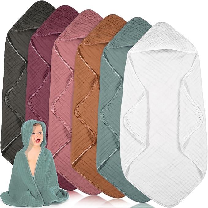 Peryiter 6 Pcs Muslin Hooded Baby Towels, 32"x 32" Cotton Newborn Bath Towel Muslin Infant Baby Blankets Absorbent Unisex Newborn Registry Gift Essentials for Girls Boys (Red)