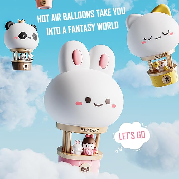 Hot Air Balloon Rechargeable Night Light, Safe Soft Silicone Material, 3 Brightness Levels, Tap Control, Warm Light, Toddler Sleeping Lamp, Bedroom Night Lamp, Gift for Baby and Kid (Cat)