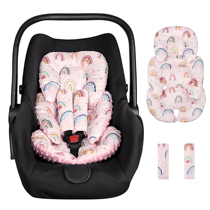 Infant Car Seat Insert, Car Seat Head Support Baby Girls Boys, Soft & Reversible Newborn Carseat Insert Cushion with 2 Strap Covers, for Stroller, Swing, Bouncer (Pink Rainbow)