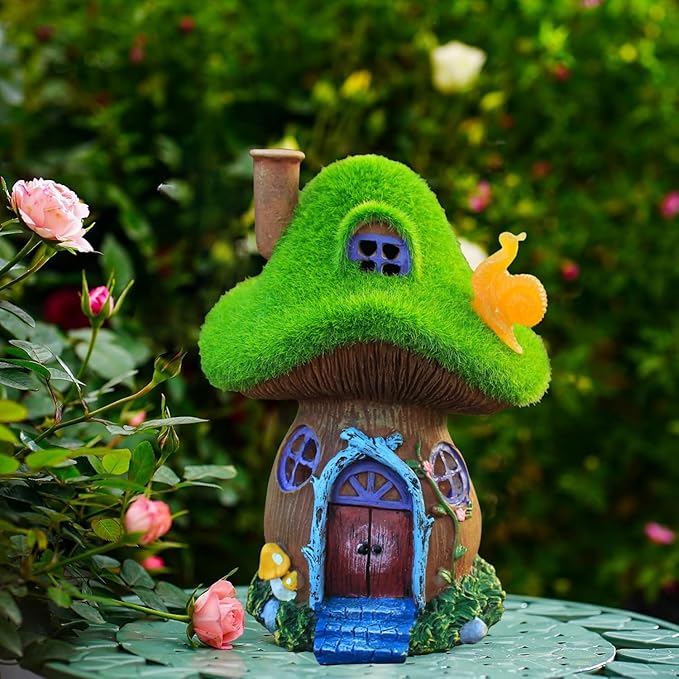 Mushroom Garden Statues,Outdoor Fairy House Figurine with Solar Powered Garden Light, Gifts for Women Mom Grandma Halloween Decor or Yard Decor (Resin)