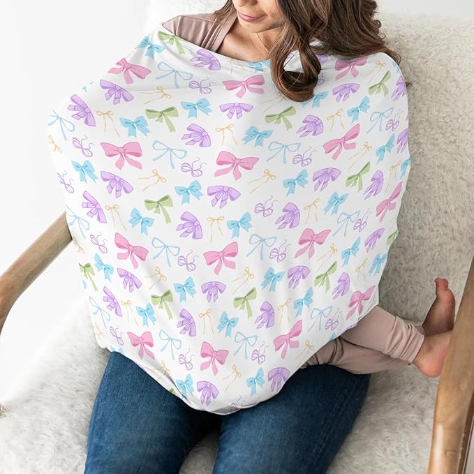 Spring Pastel Bows Baby Car Seat Covers Colorful Rainbow Bows Stretchy 5-in-1 Cover Adjustable Car Canopy Cover Cute Girly Breathable Nursing Cover-Up