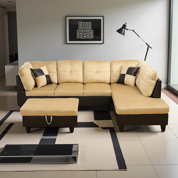Couches for Living Room Modern L Shaped Couch Comfy Lint Fabric 3 Pieces Sectional Sofa with Chaise, Ottoman with Storage for Office and Small Apartment, Beige and Brown