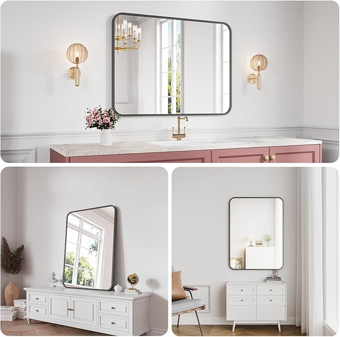 Bathroom Mirror, 30X40 Inch Black Metal Framed Mirror for Bathroom, Tempered Glass, Anti-Rust, Rounded Rectangle Mirror for Restroom, Bedroom, Black
