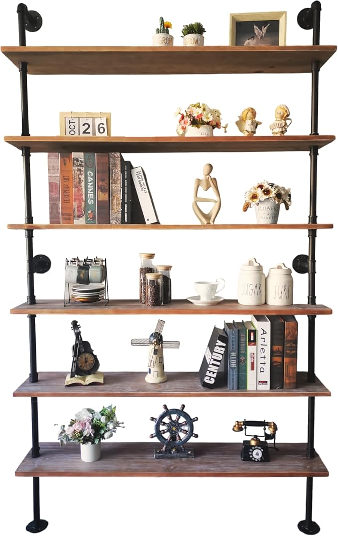 Industrial Ladder Pipe Shelf, Wall Mounted Wood Metal Bookshelf for Living Room Storage (Weathered Brown, 6 Tier - 10" D x 48" W x 82.5" H)