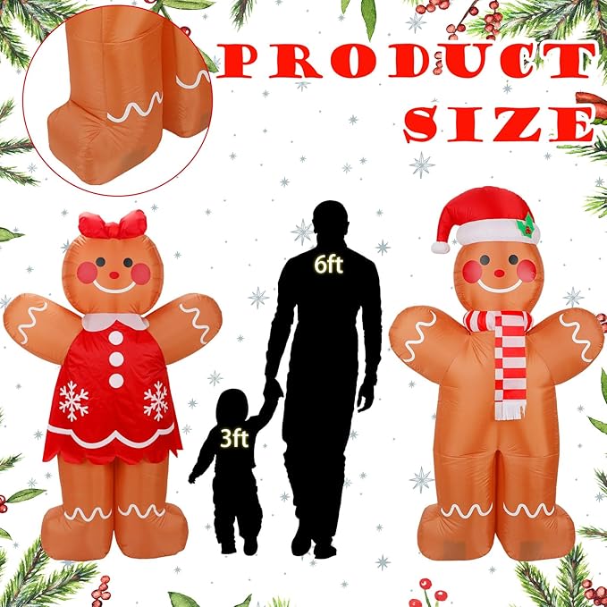 Ceenna 2 Pcs 6 ft Gingerbread Man Christmas Inflatable Welcome Gingerbread Couple Inflatable Set with Built in LED Lights Blow up Christmas Yard Garden Lawn Lighted Decor for Outdoor Xmas Lawn Decor