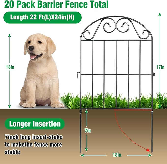 ADAVIN 20 Panels Collapsible Garden Fence Animal Barrier, 22 Ft(L) x 24 in(H) Black Rustproof Metal Wire Panel Border for Dogs Rabbits, Flower Edging for Landscape Patio Yard Outdoor Decor, Arched