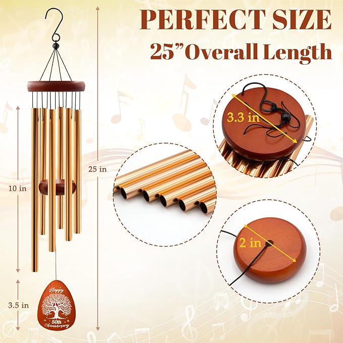 50th Anniversary Wind Chimes, 50th for Christmas for Couples Parents, 50 Year Wedding Decorations for Garden Home Outdoors, Golden Anniversary Keepsake Gifts Ideas, 25in