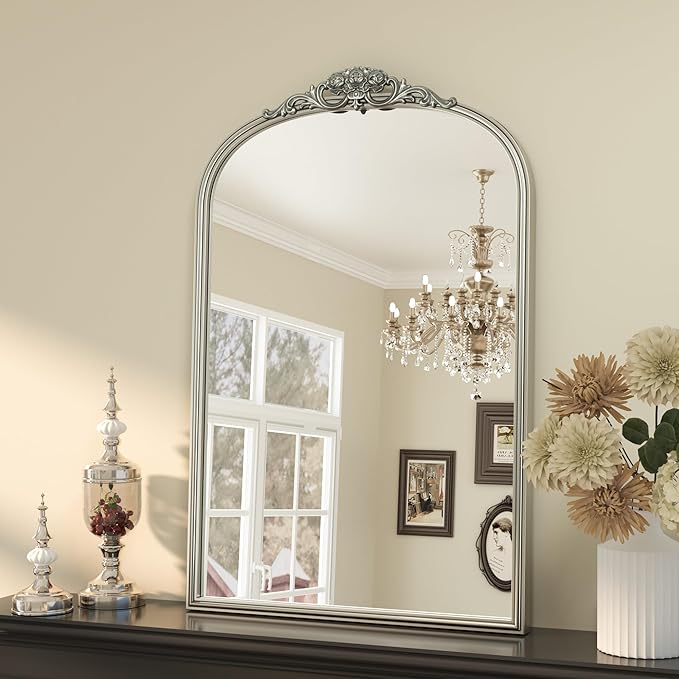 Keonjinn Vintage Arched Mirror for Wall, 20" x 30" Silver Mirror with Metal Frame, Ornate Vanity Mirror, Baroque Arch Mirror, Decorative Brass Mirror for Mantle, Living Room, French Cleat Mounting